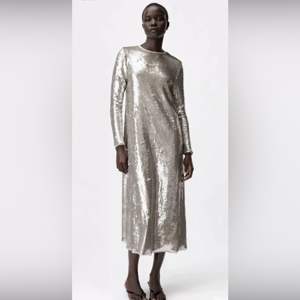 Zara Silver Long Sleeve Sequin Dress NWOT